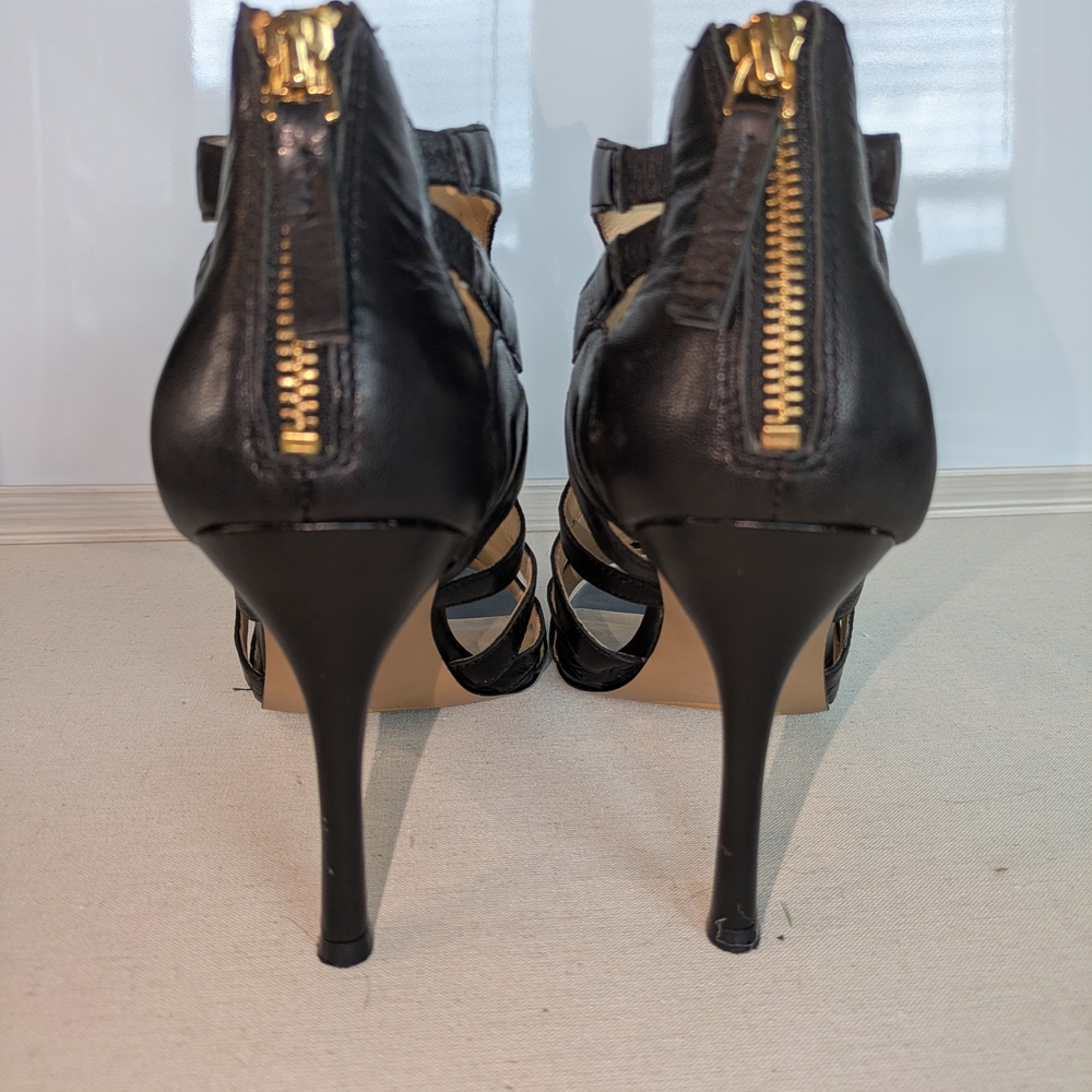 Nine West NWFLORA Black Leather Strappy Heels Stiletto Sandals Size 9 - Picture 3 of 8